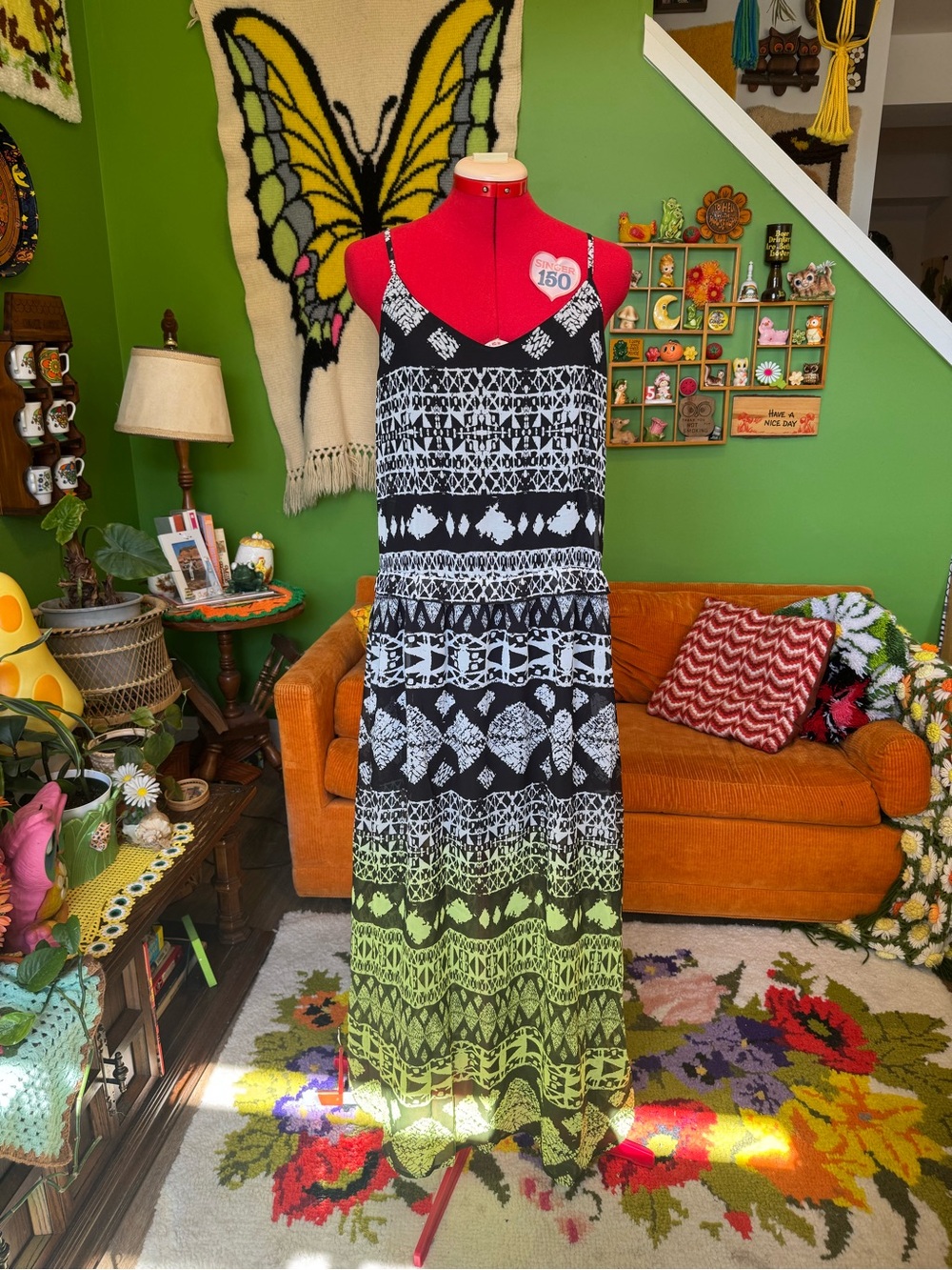 Black and Lime Patterned Maxi Dress - Sleeveless V-Neck